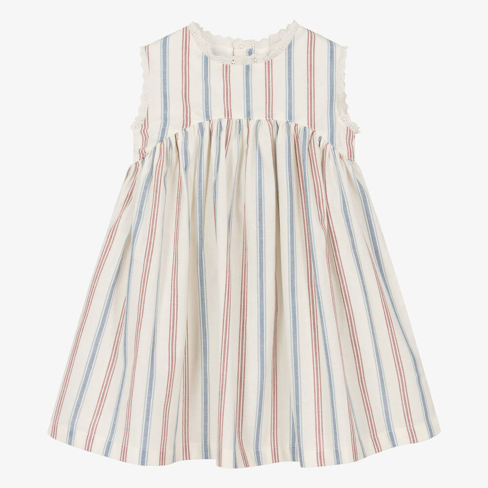 Laranjinha - Girls Ivory Striped Cotton Dress | Childrensalon