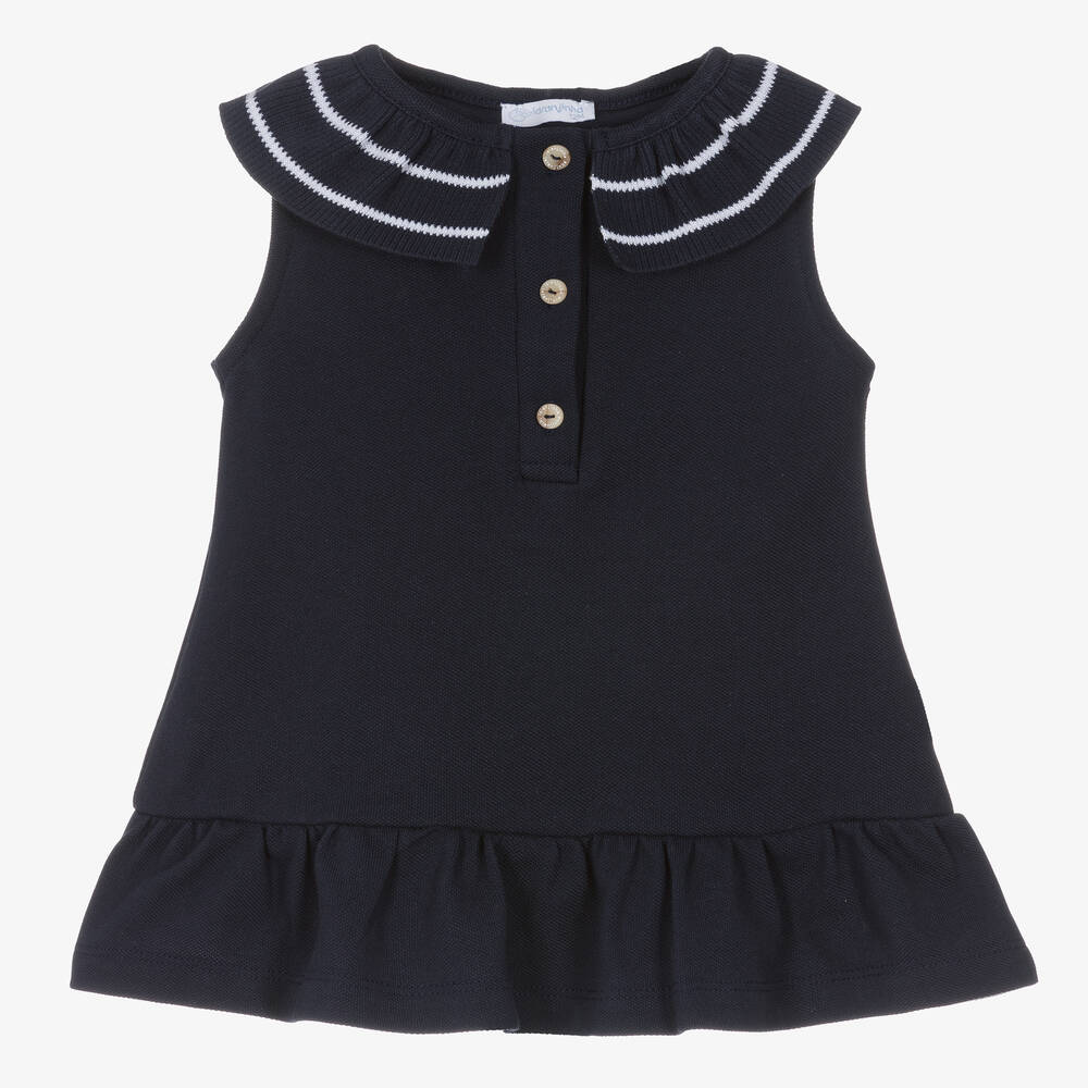 Laranjinha - Girls Navy Blue Cotton Piqué Dress | Childrensalon