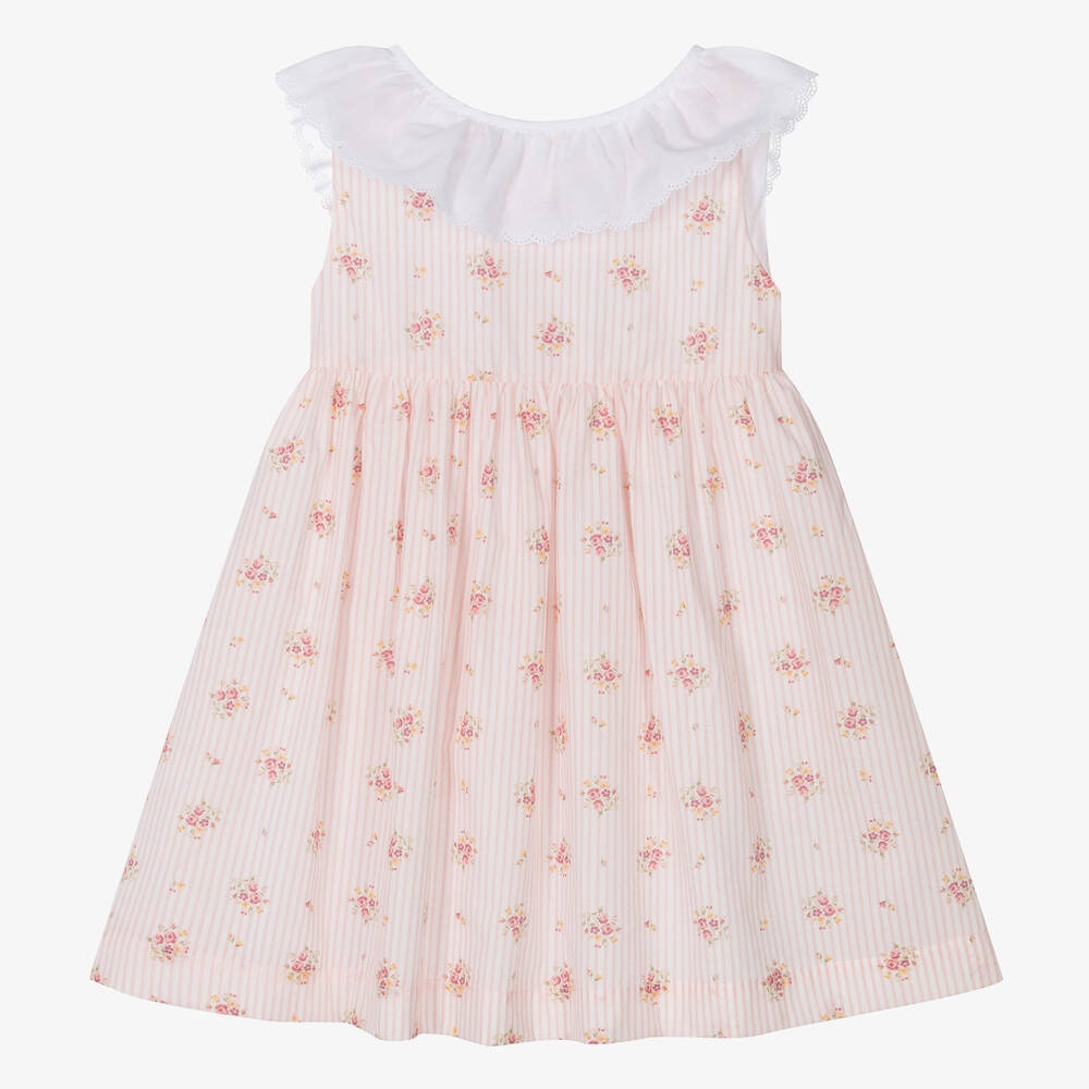 Laranjinha - Girls Pink Floral Striped Cotton Dress | Childrensalon