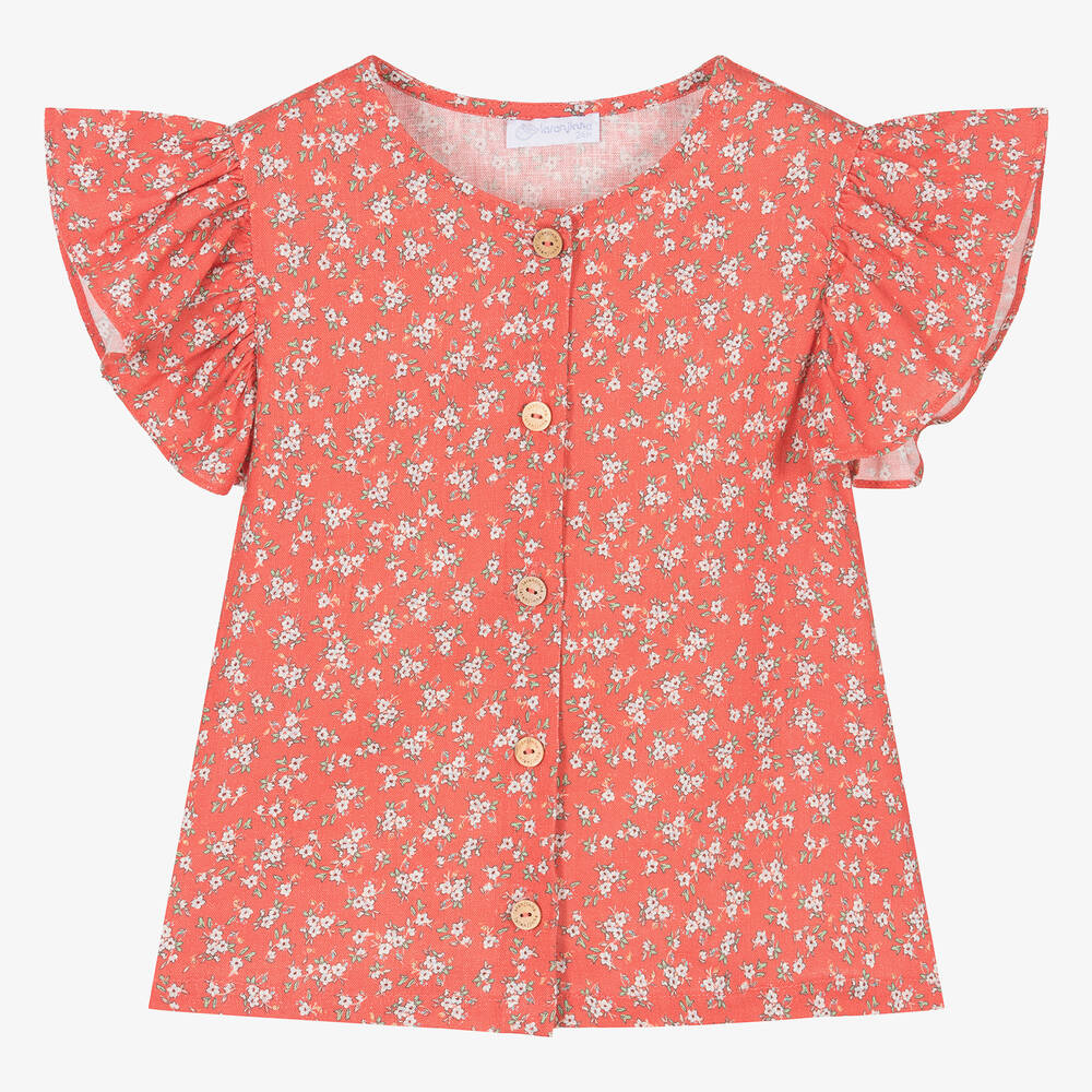 Laranjinha - Girls Red Floral Linen & Viscose Blouse | Childrensalon