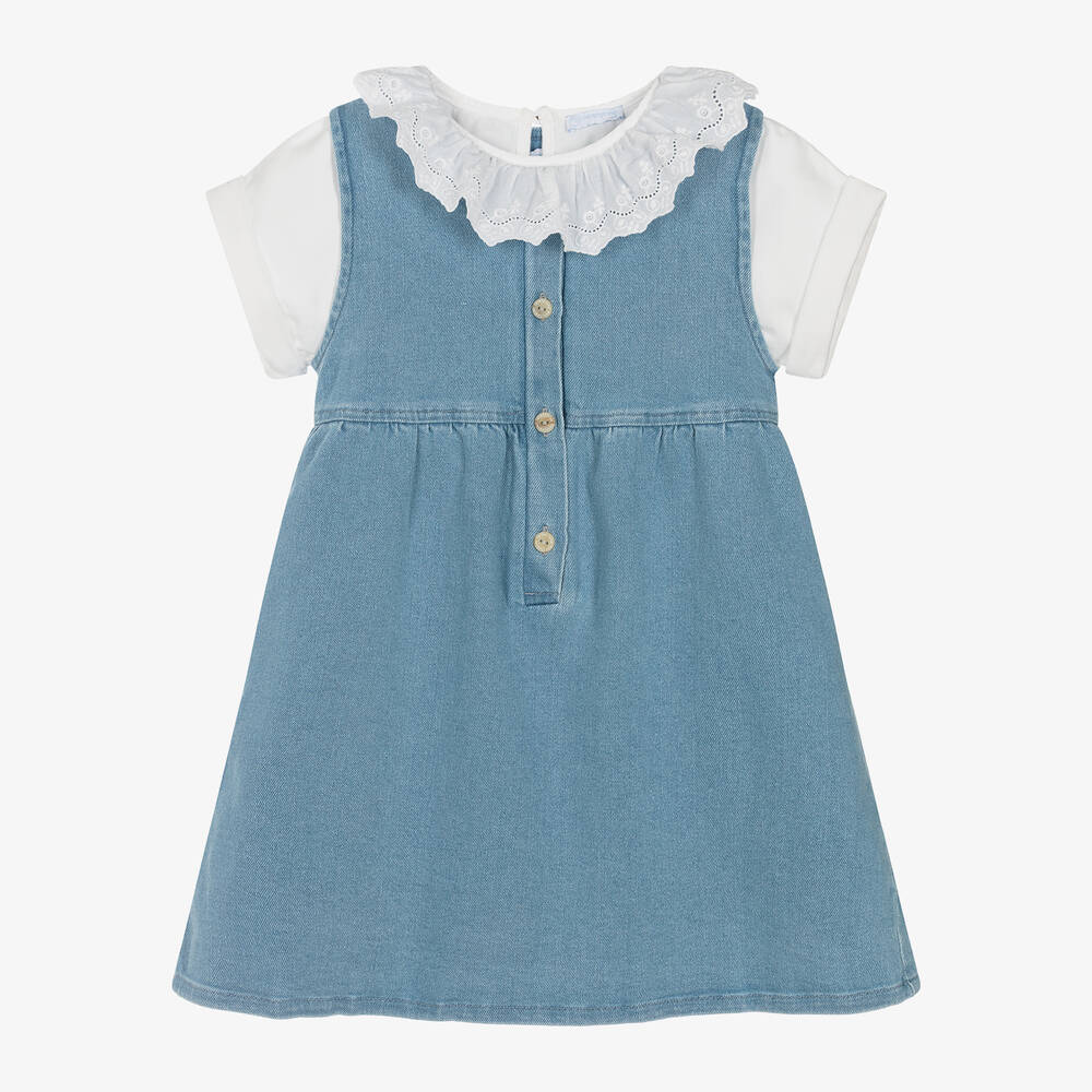 Laranjinha - Girls White & Blue Denim Dress Set | Childrensalon