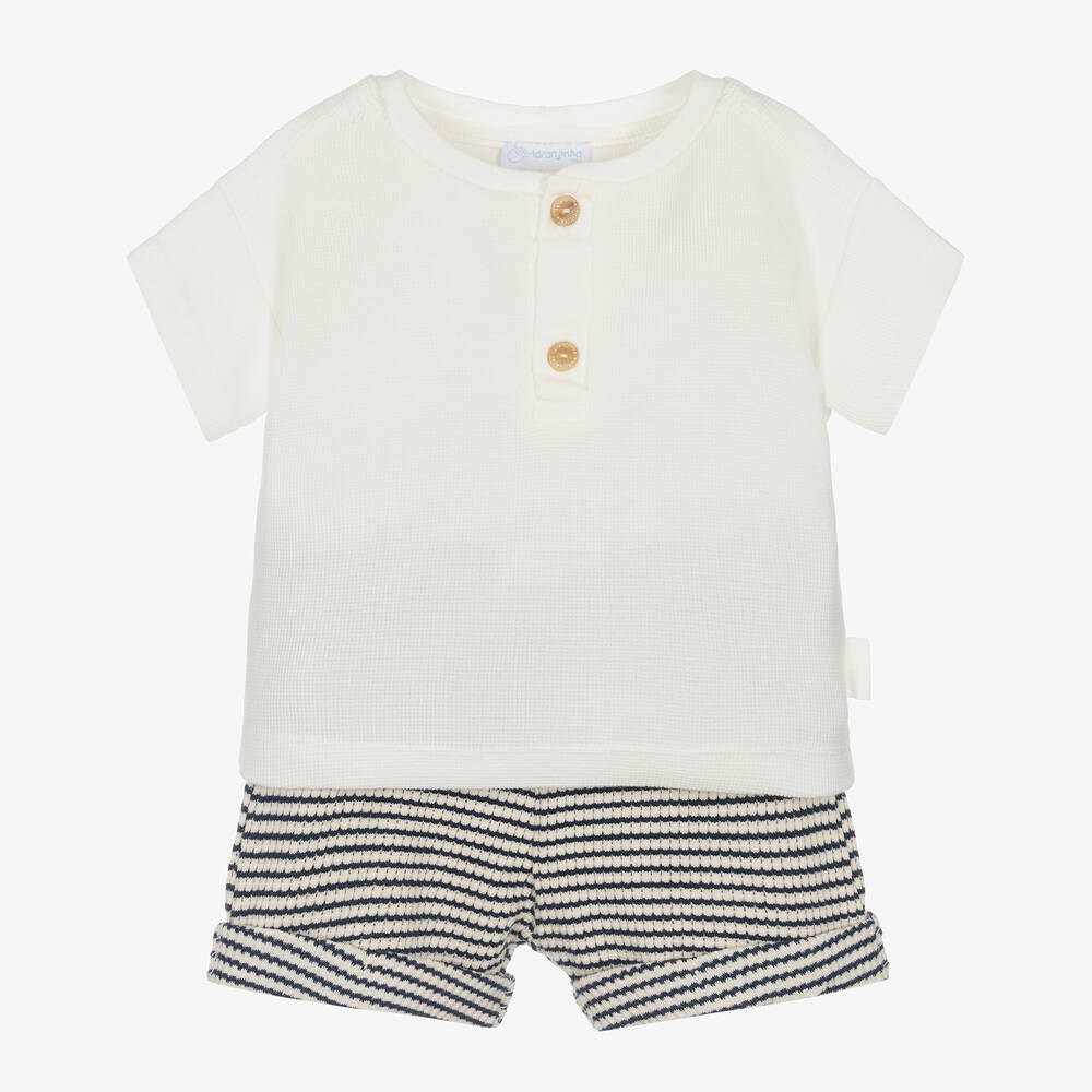 Laranjinha - Ivory & Blue Cotton Shorts Set | Childrensalon