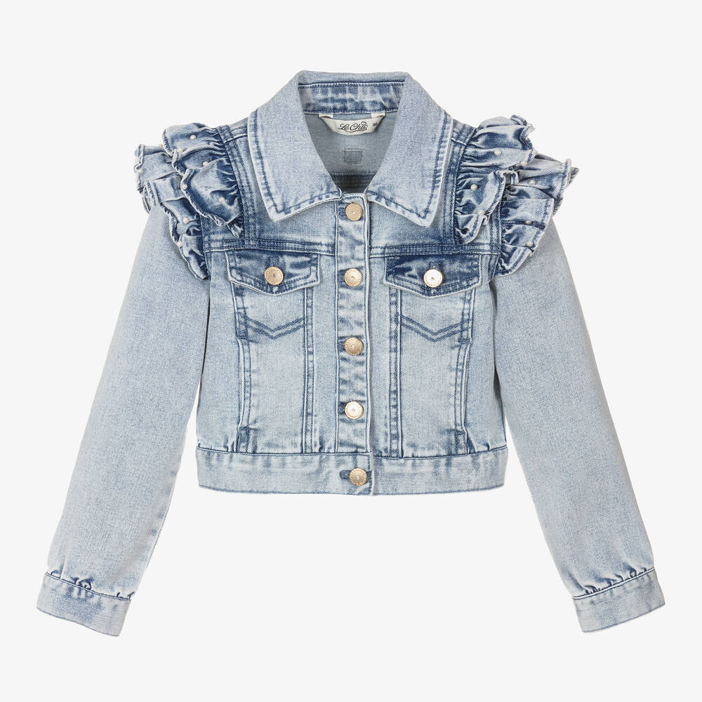 Le Chic - Girls Light Blue Ruffle Denim Jacket | Childrensalon