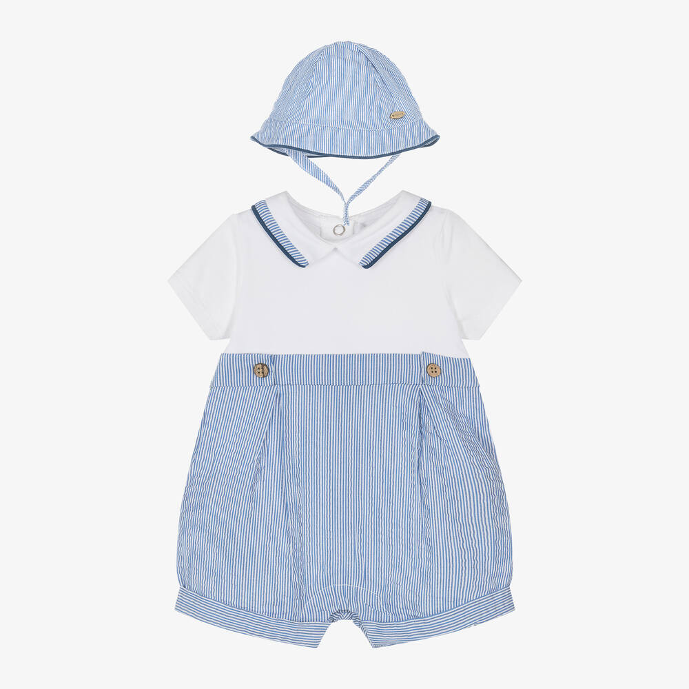 Mayoral Newborn - Baby Boys Blue Cotton Stripe Shortie Set | Childrensalon