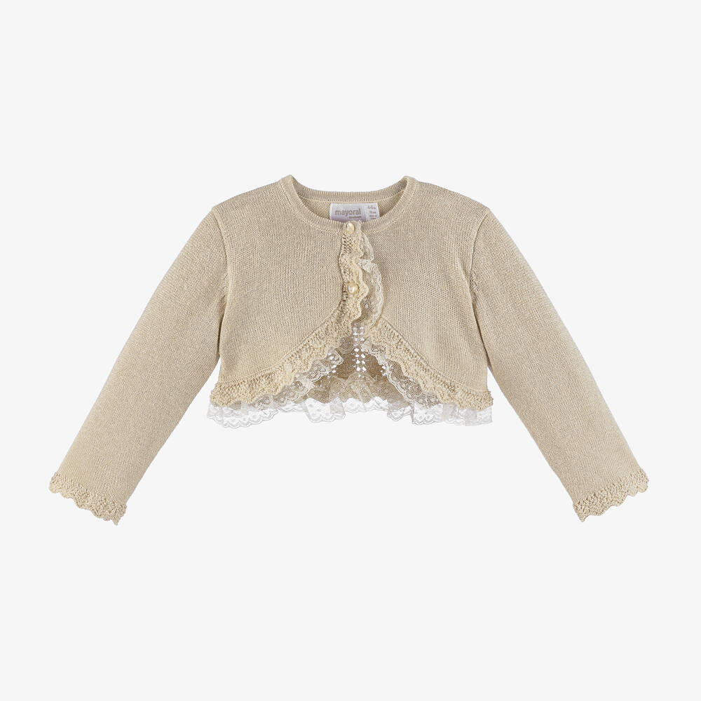 Mayoral - Baby Girls Beige Knit & Lace Cardigan | Childrensalon