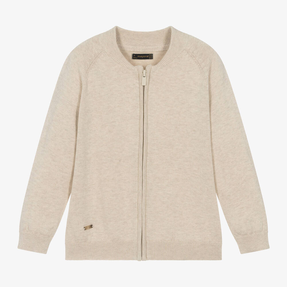 Mayoral - Boys Beige Cotton Knit Zip-Up Cardigan | Childrensalon