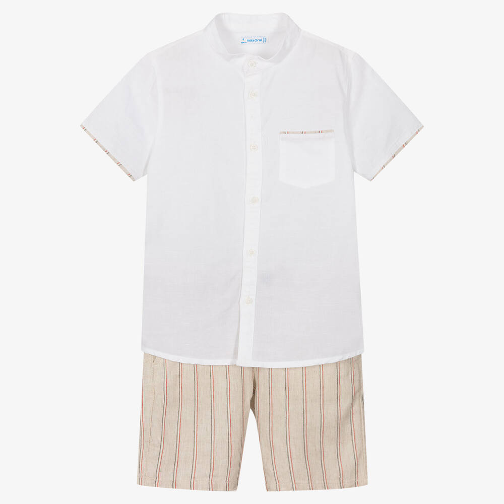 Mayoral - Beiges Baumwoll-Leinenshorts-Set | Childrensalon