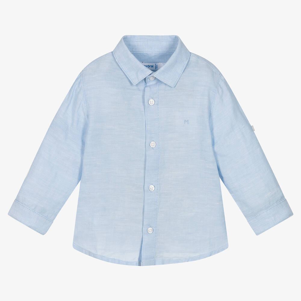 Mayoral - Chemise bleue en coton et lin | Childrensalon