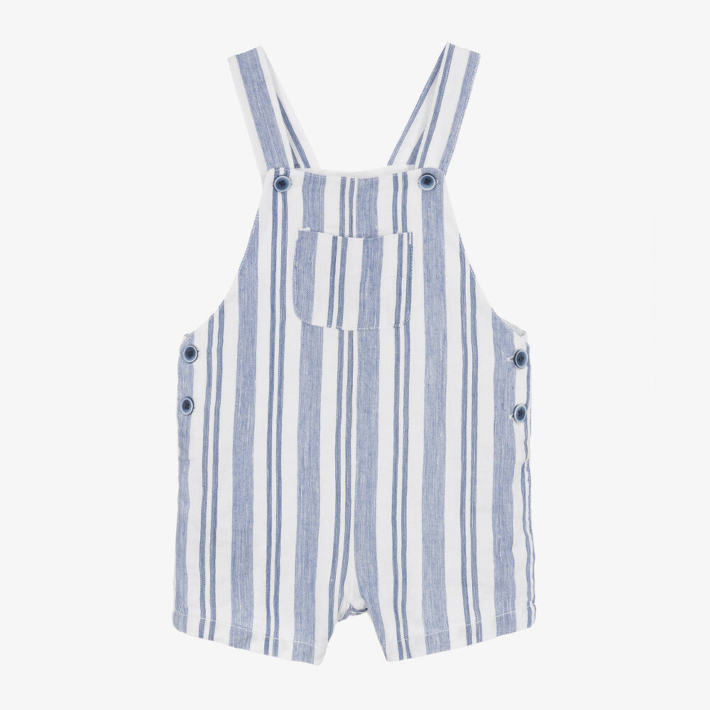 Mayoral - Boys Blue Striped Cotton & Linen Dungaree Shorts | Childrensalon