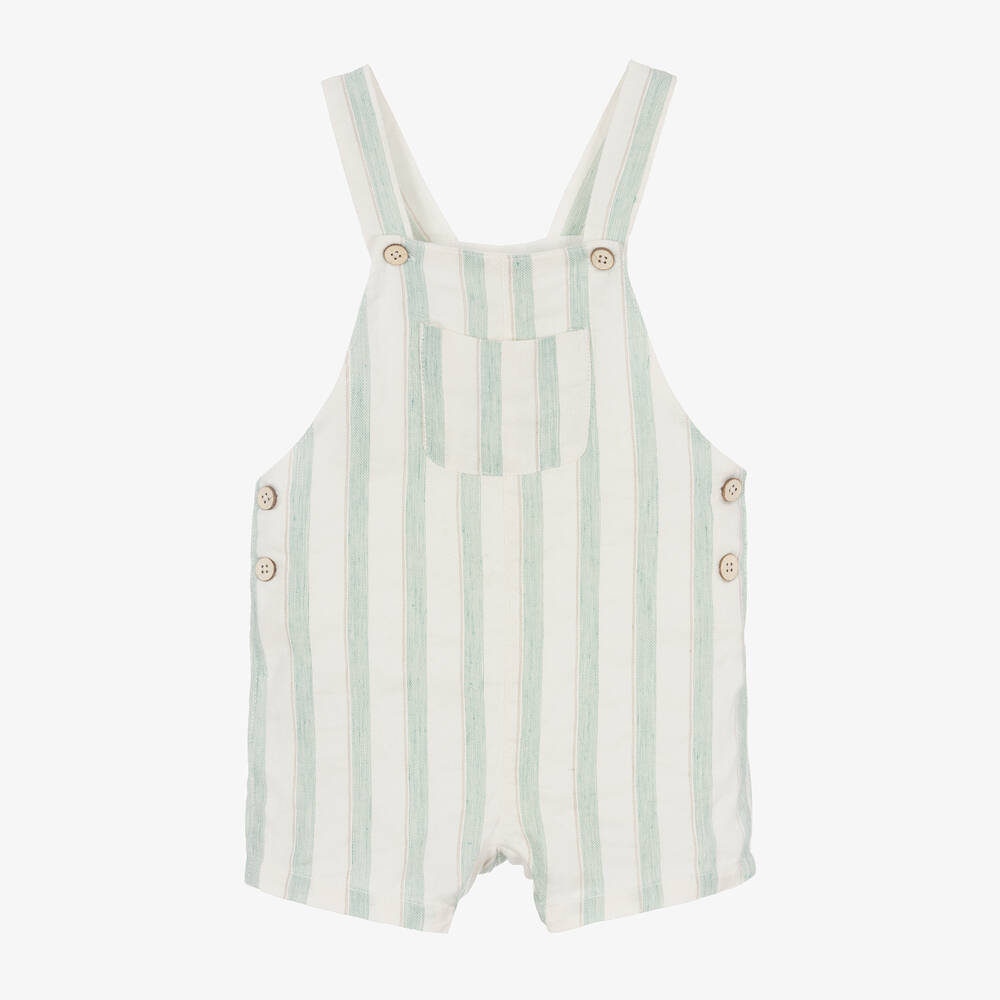 Mayoral - Boys Green Striped Cotton & Linen Dungaree Shorts | Childrensalon