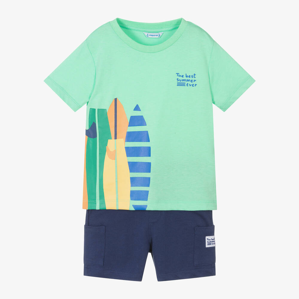 Mayoral - Boys Mint Green & Blue Cotton Shorts Set | Childrensalon