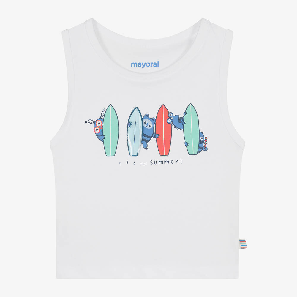 Mayoral - Boys White Cotton Surf Board Vest Top  | Childrensalon