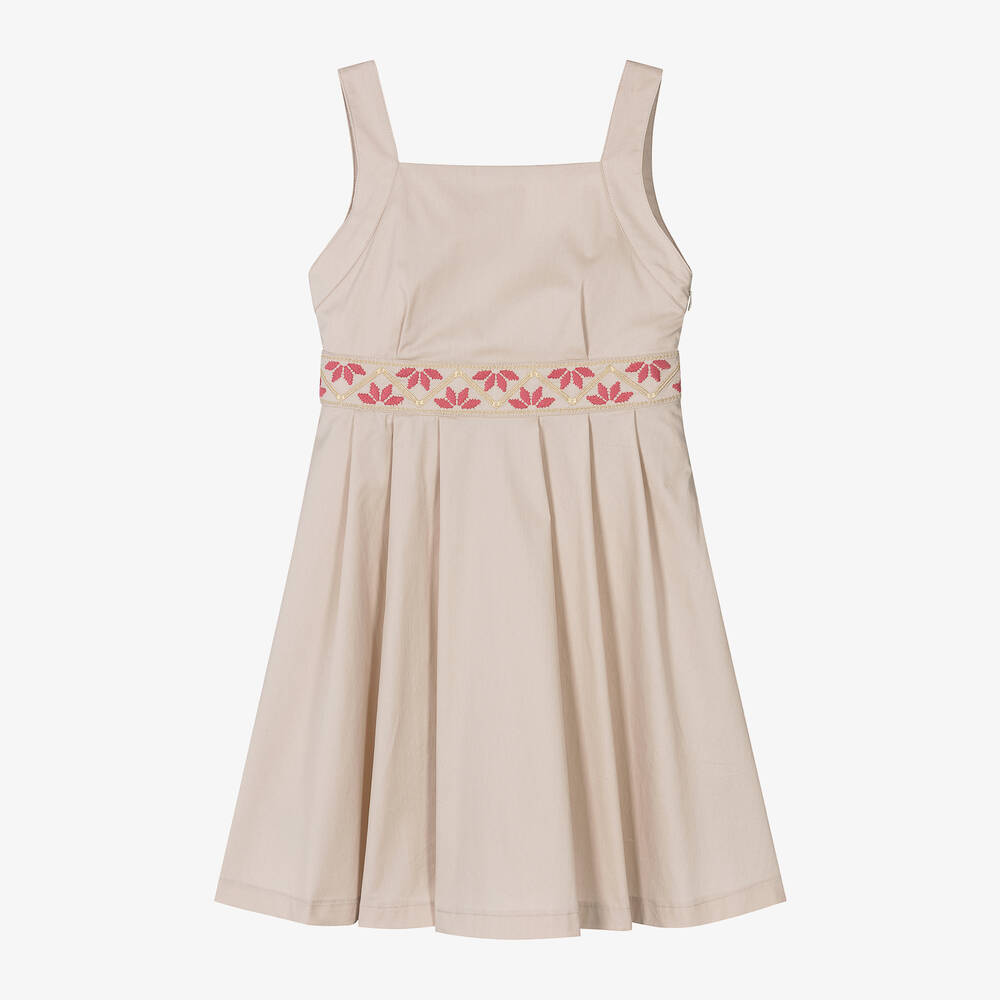 Mayoral - Girls Beige Cotton Embroidered Dress | Childrensalon