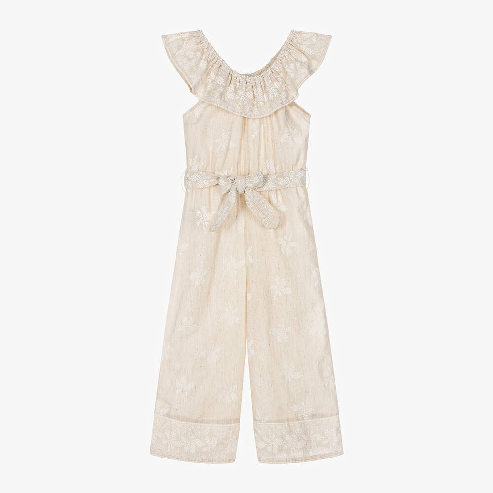 Mayoral - Girls Beige Cotton & Linen Jumpsuit | Childrensalon