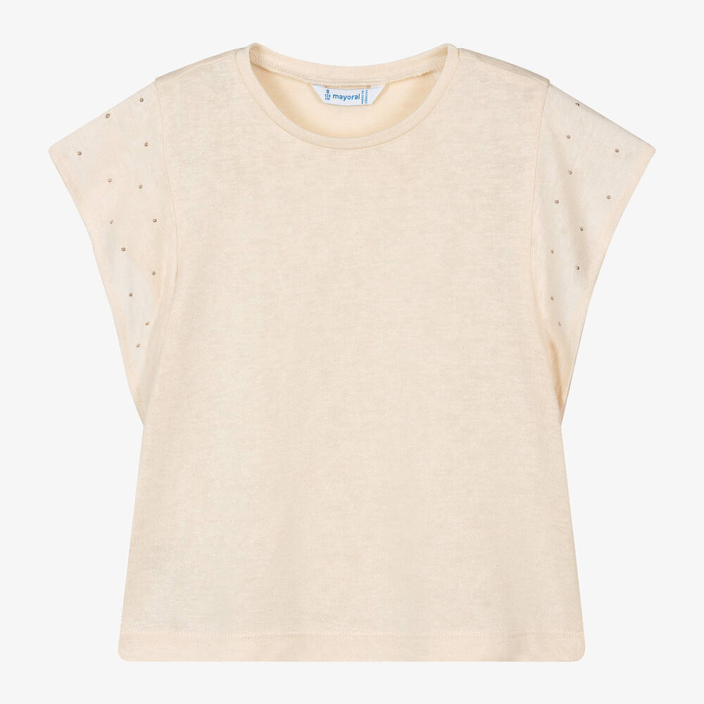 Mayoral - Girls Beige Glitter Studded T-Shirt | Childrensalon