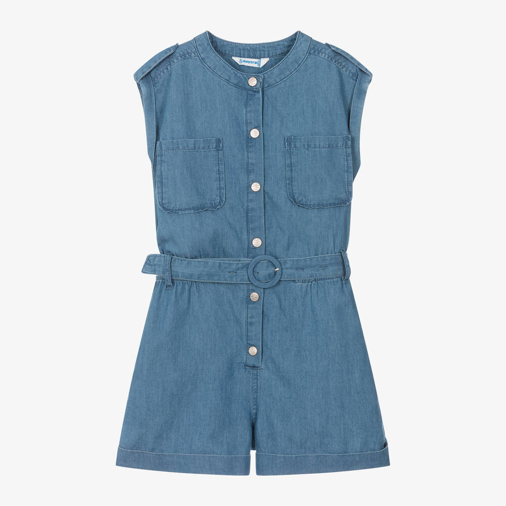 Mayoral - Girls Blue Chambray Playsuit | Childrensalon