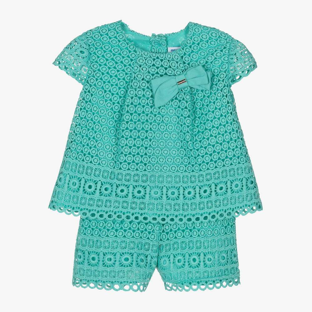 Mayoral - Girls Green Guipure Lace Shorts Set | Childrensalon