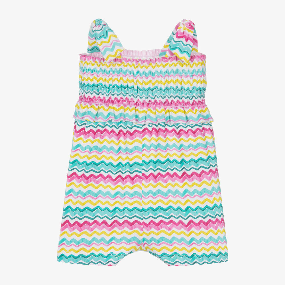 Mayoral - Girls Green & Pink Zig Zag Cotton Playsuit | Childrensalon