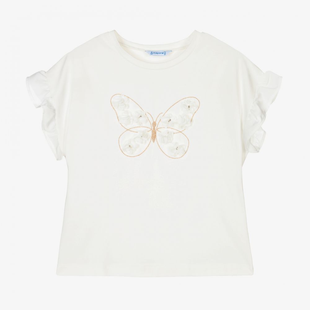 Mayoral - Girls Ivory Butterfly T-Shirt | Childrensalon Outlet