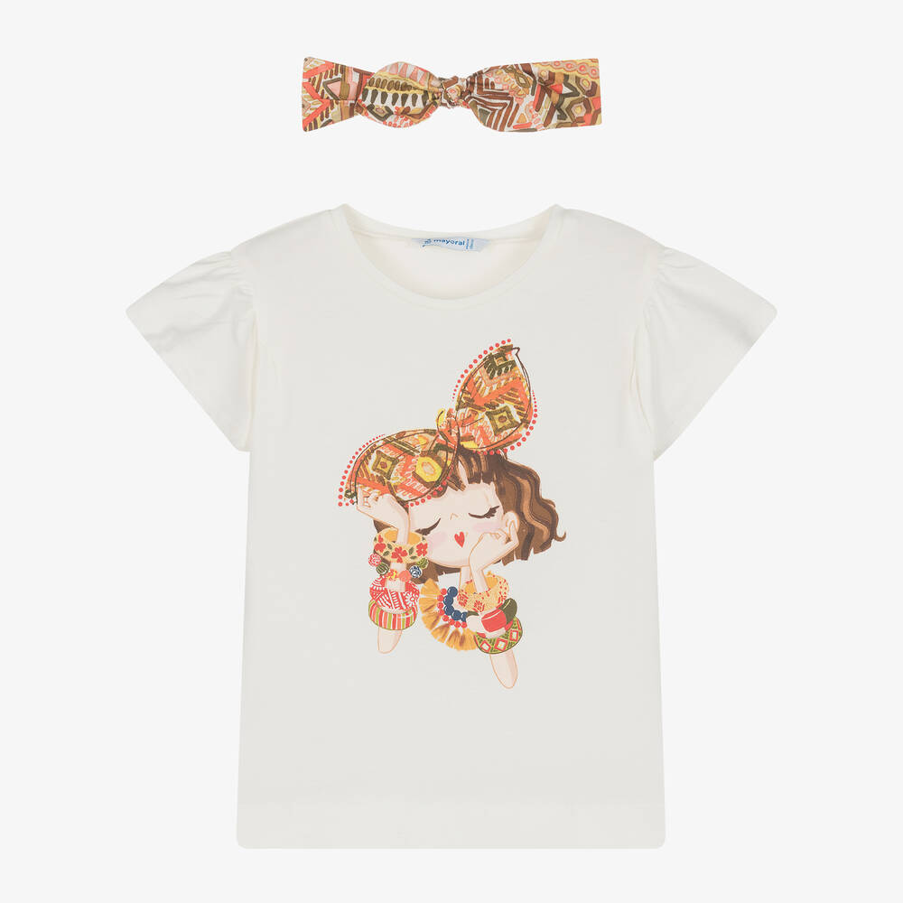 Mayoral - Girls Ivory Cotton T-Shirt & Headband Set | Childrensalon