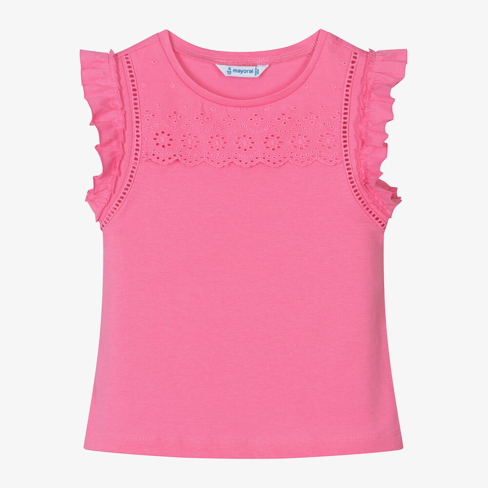 Mayoral - Girls Pink Cotton Frill Top | Childrensalon