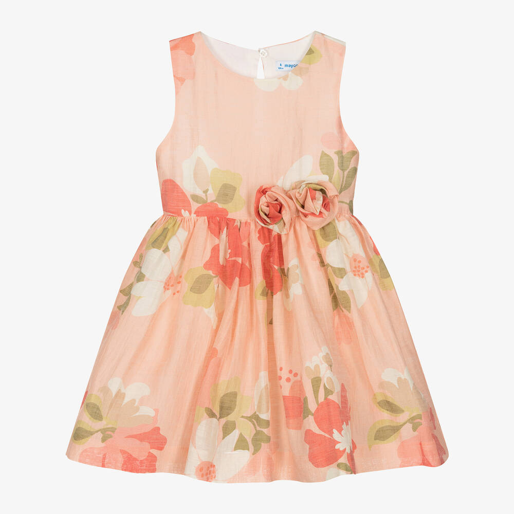 Mayoral - Girls Pink Floral Linen Dress | Childrensalon