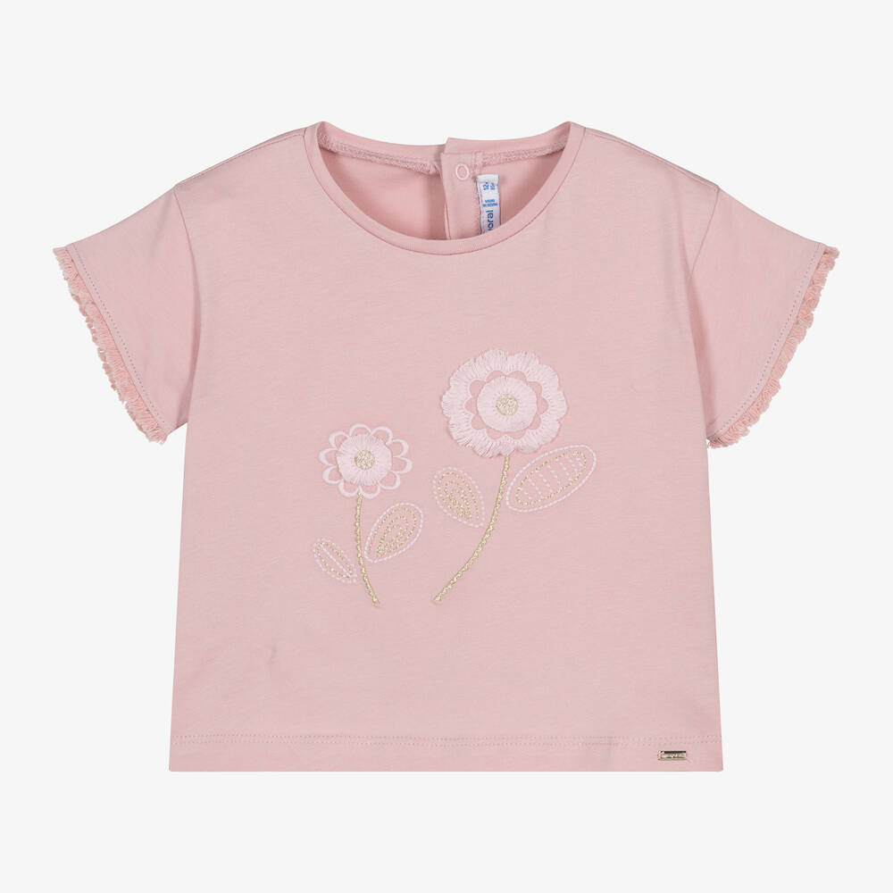 Mayoral - Girls Pink Flowers Cotton T-Shirt | Childrensalon