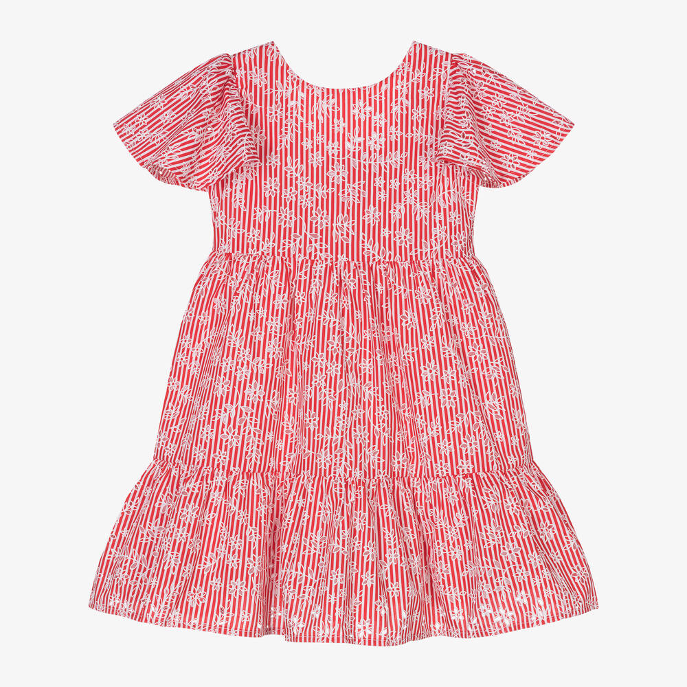 Mayoral - Girls Red Floral Stripe Cotton Dress | Childrensalon