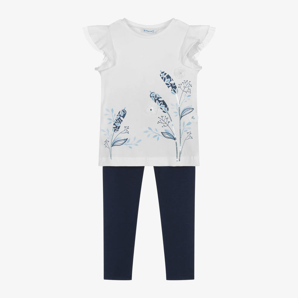 Mayoral - Girls White & Blue Cotton Leggings Set | Childrensalon