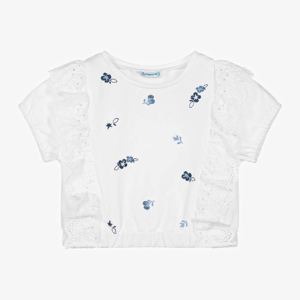 Mayoral - Girls White & Blue Cotton Top | Childrensalon