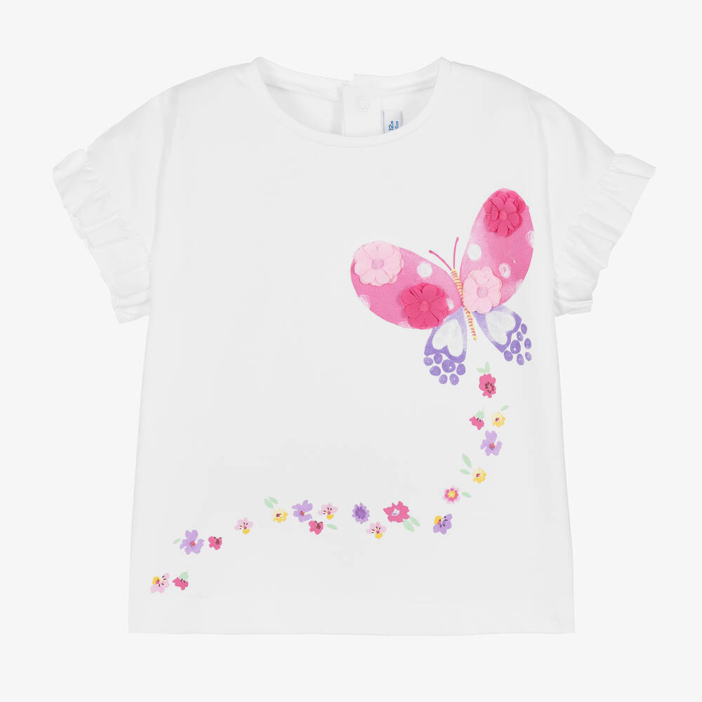 Mayoral - Girls White Cotton Frilled T-Shirt | Childrensalon