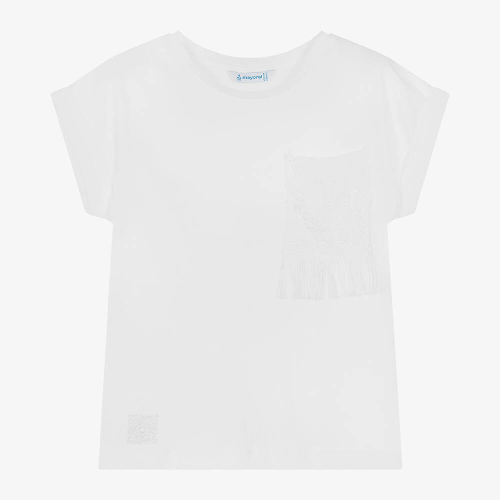 Mayoral - Girls White Cotton T-Shirt | Childrensalon