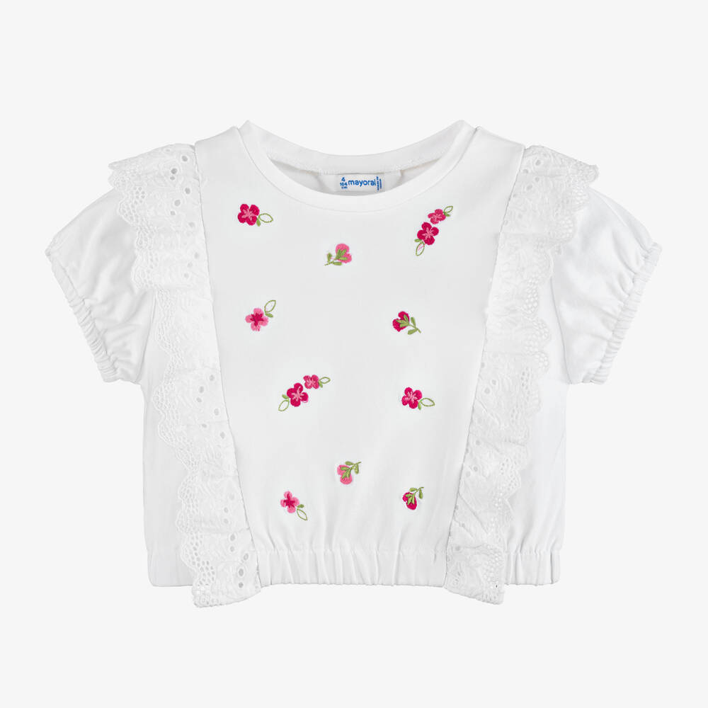 Mayoral - Girls White & Pink Cotton Top | Childrensalon