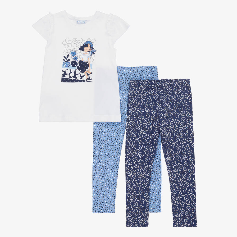 Mayoral - Girls White Top & Blue Cotton Leggings Set | Childrensalon