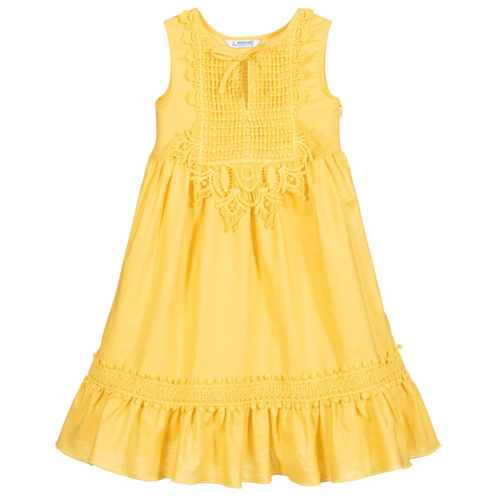 Mayoral - Girls Yellow Cotton Lace Dress | Childrensalon Outlet