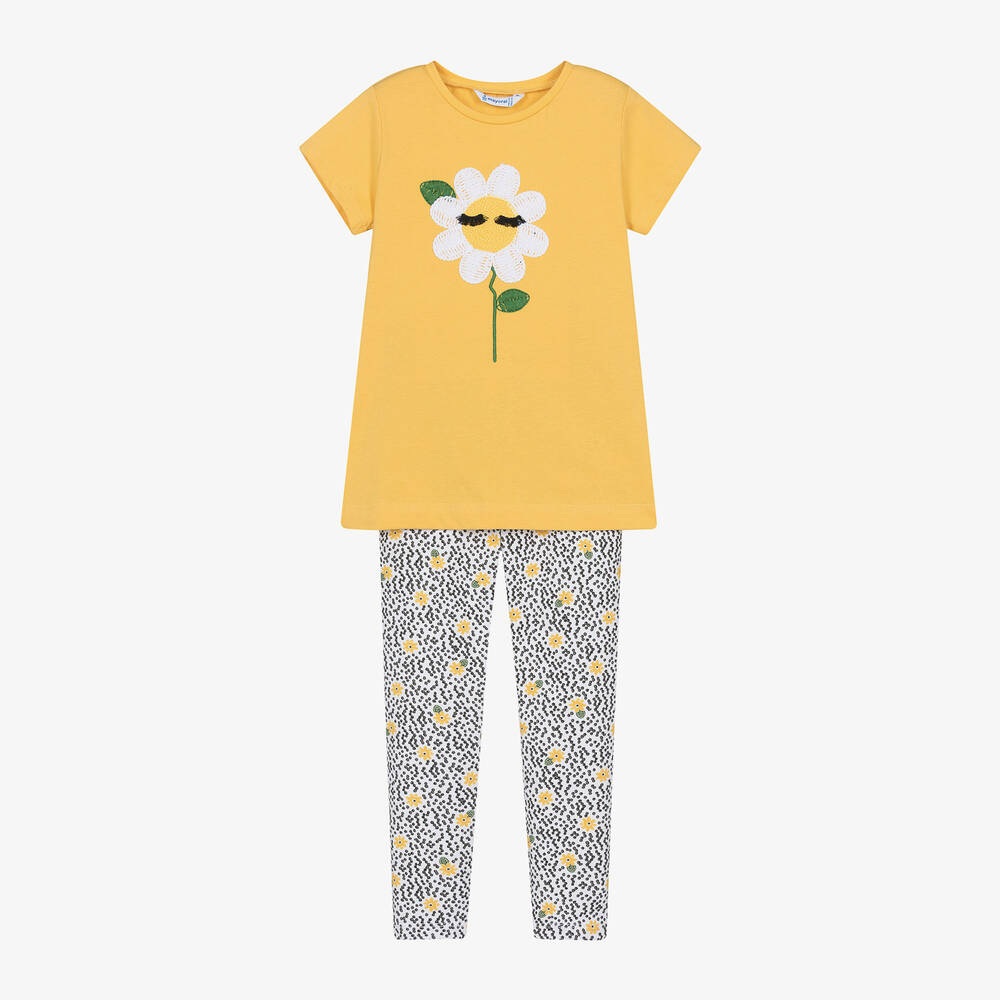 Mayoral - Girls Yellow Flower Cotton Leggings Set | Childrensalon