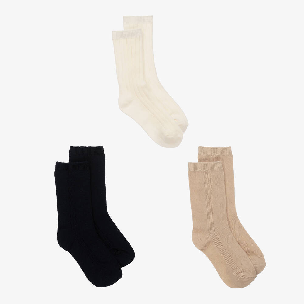 Mayoral - Teen Blue & Beige Ribbed Ankle Socks (3 Pack) | Childrensalon