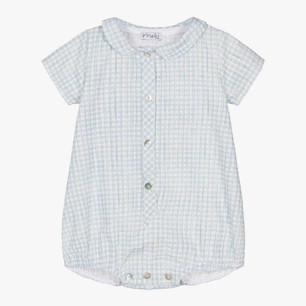 Mebi - Baby Boys Blue Cotton Gingham Shortie | Childrensalon