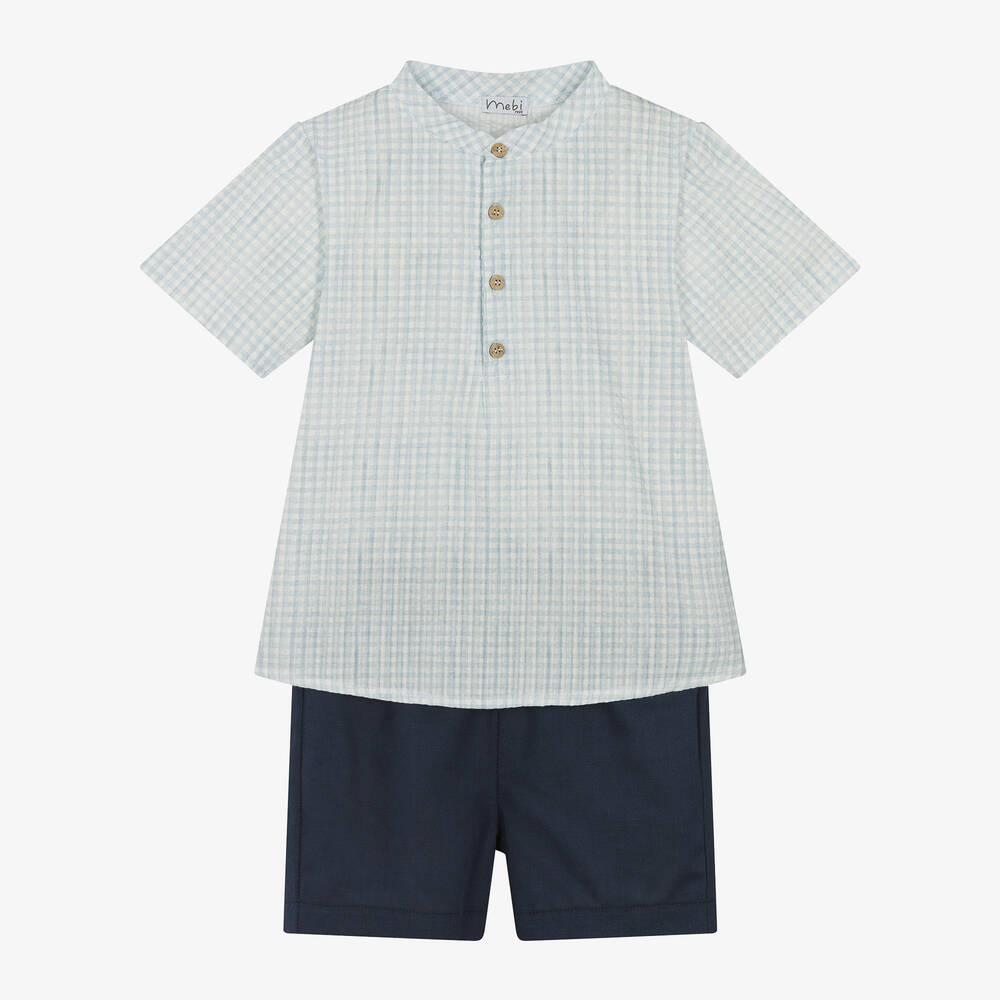 Mebi - Boys Blue Cotton Gingham Shorts Set | Childrensalon