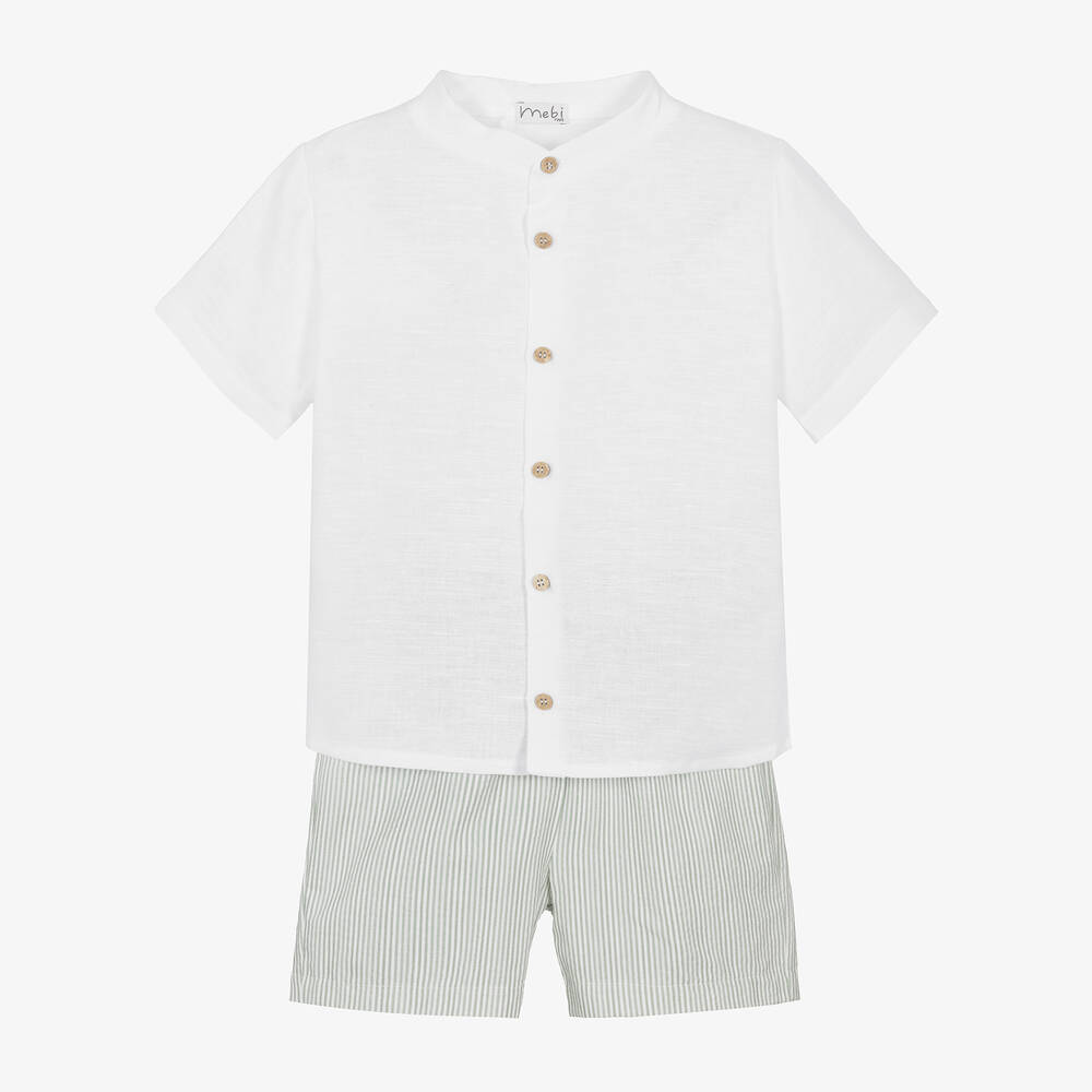 Mebi - Boys White & Green Stripe Shorts Set | Childrensalon