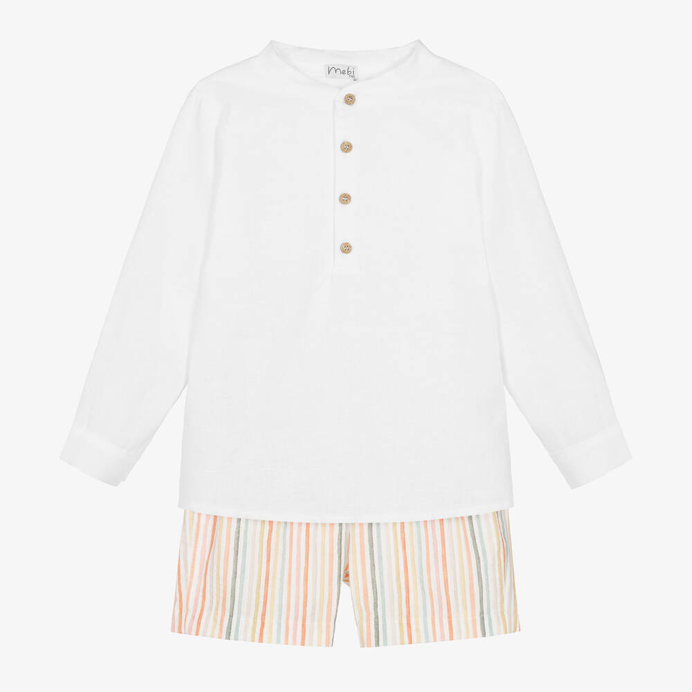 Mebi - Boys White Linen Shorts Set | Childrensalon