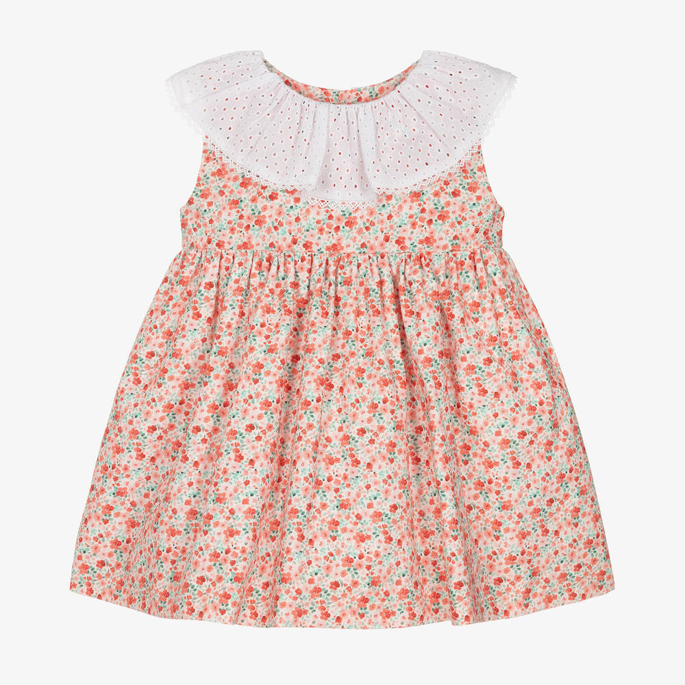 Mebi - Girls Coral Pink Floral Cotton Dress | Childrensalon