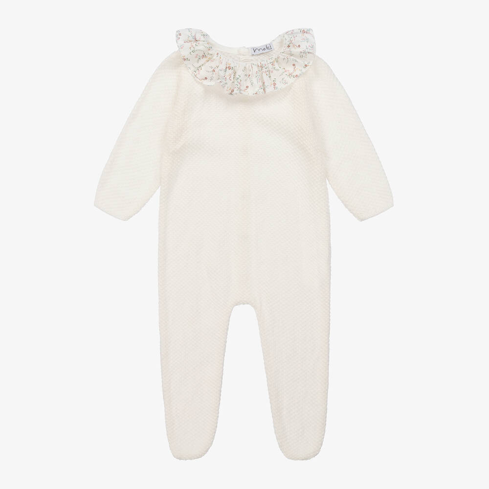 Mebi - Girls Ivory Cotton Knit Babygrow | Childrensalon