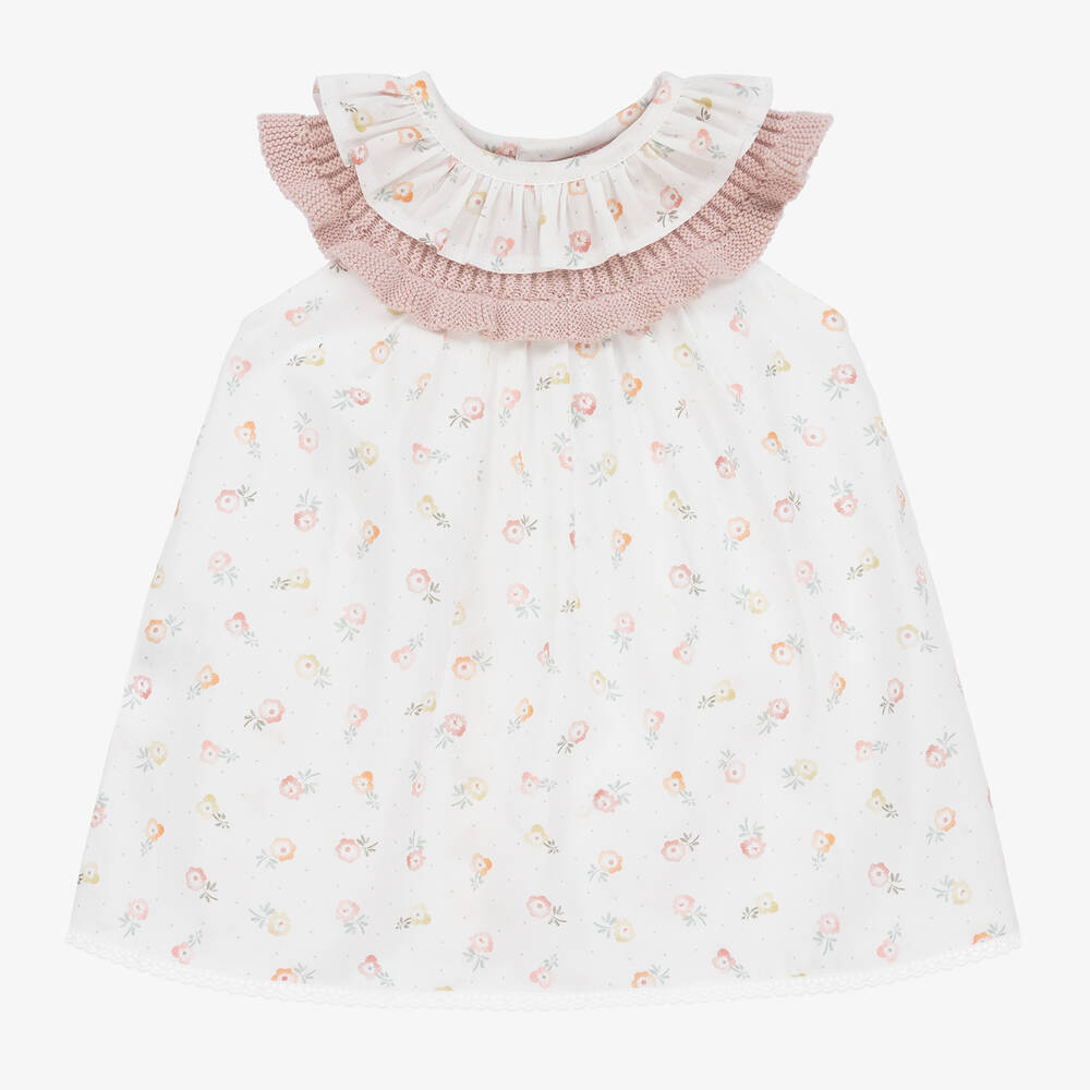 Mebi - Robe ivoire en coton à fleurs | Childrensalon