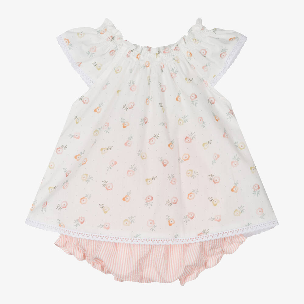 Mebi - Girls Ivory Floral Cotton Shorts Set | Childrensalon