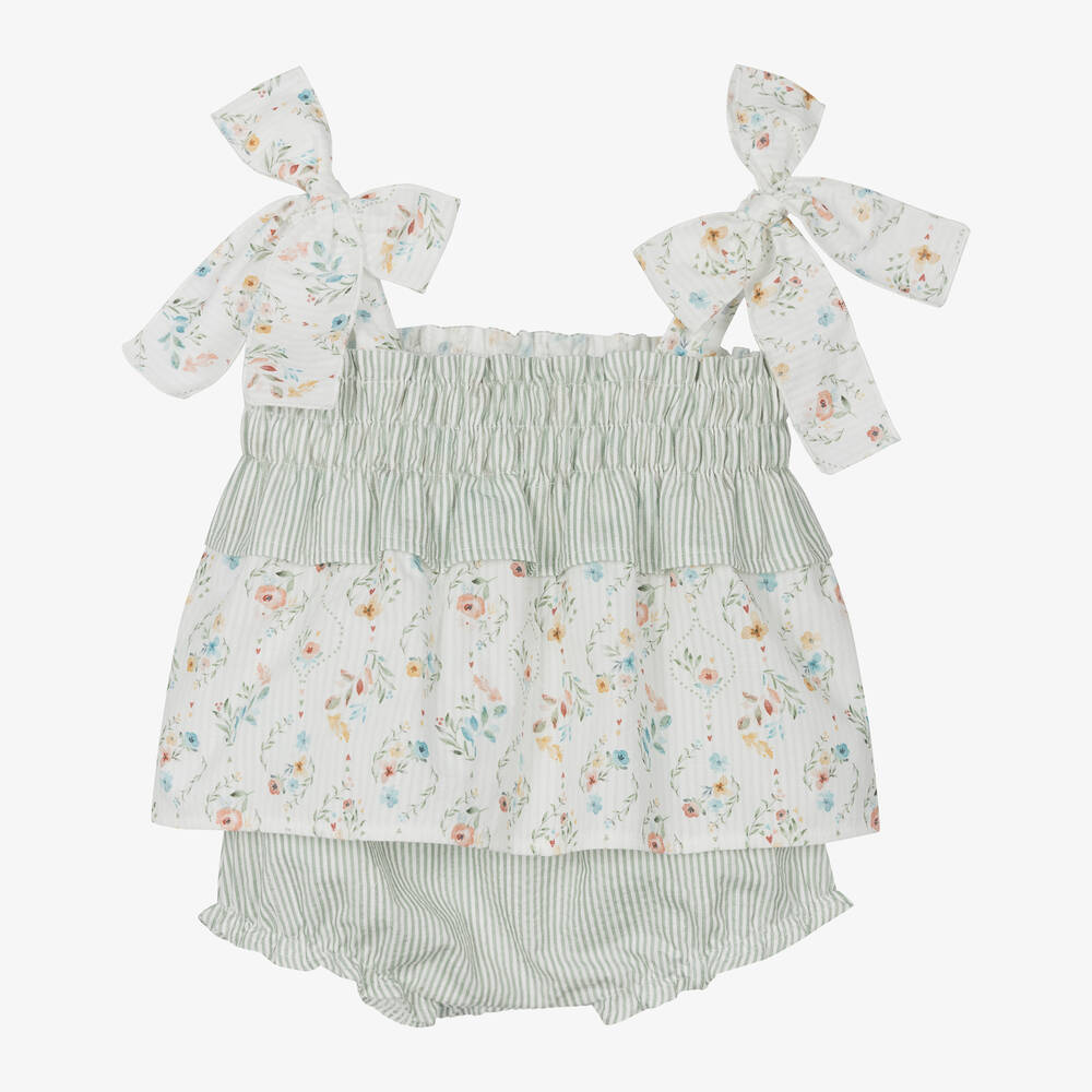 Mebi - Girls Ivory & Green Cotton Shorts Set | Childrensalon