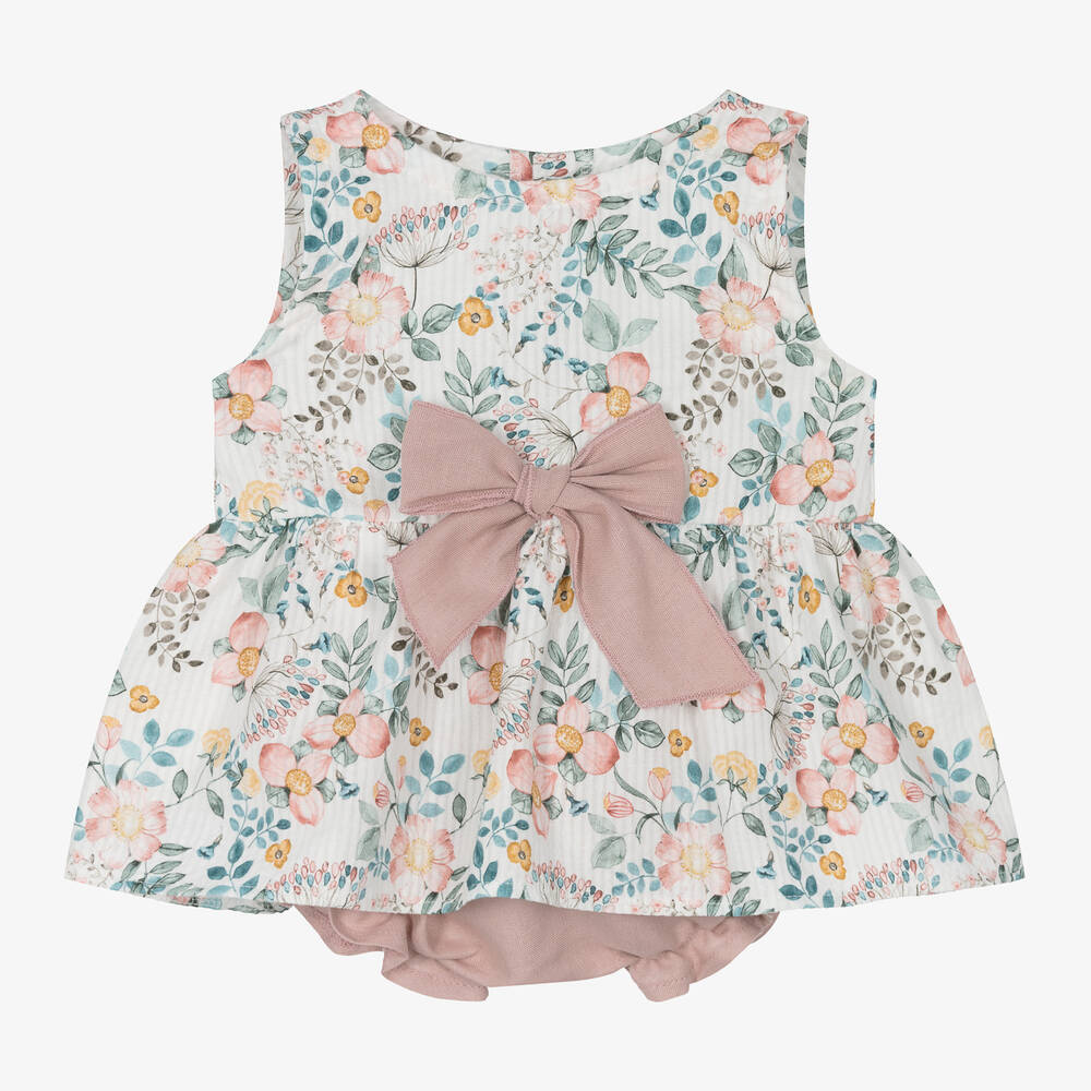 Mebi - Girls Ivory & Pink Cotton Shorts Set | Childrensalon