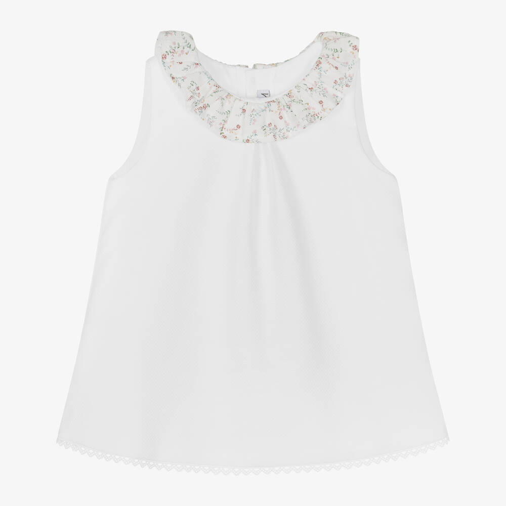 Mebi - Girls White Cotton Floral Collar Dress | Childrensalon