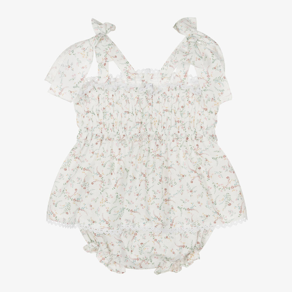 Mebi - Girls White Cotton Floral Shorts Set | Childrensalon