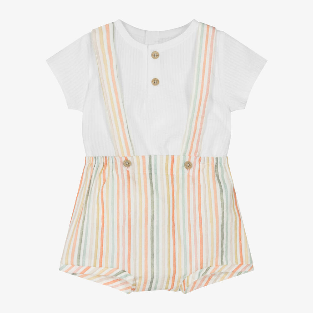 Mebi - Ensemble short blanc rayé en coton | Childrensalon